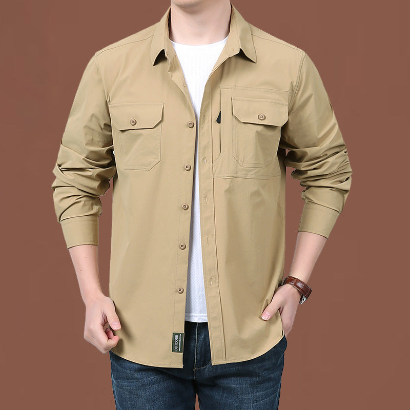 Herren nan modernes Travel-Langarmhemd mit Stretch-Material, verdeckter Knopfleiste und doppelfachen Klappbrusttaschen Drune