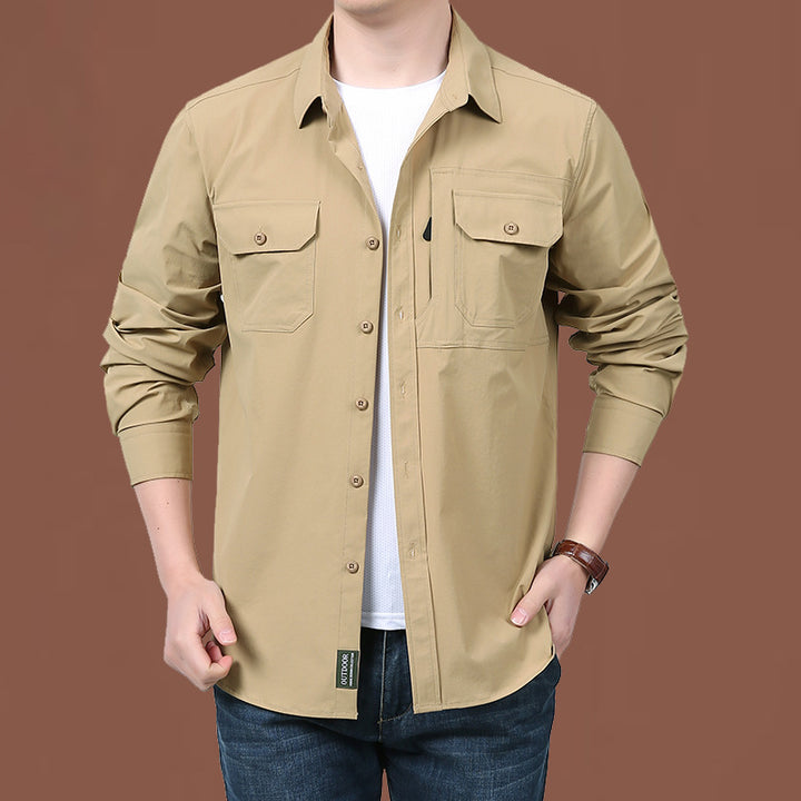 Herren nan modernes Travel-Langarmhemd mit Stretch-Material, verdeckter Knopfleiste und doppelfachen Klappbrusttaschen Drune