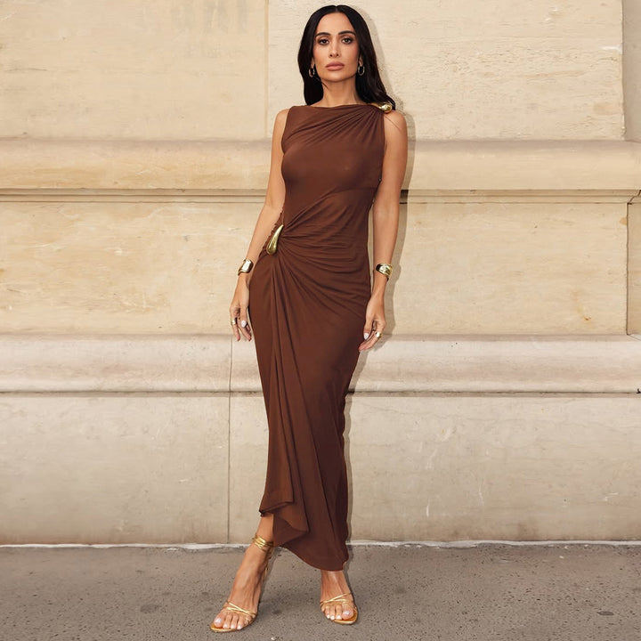 Damen figurbetontes Maxikleid mit asymmetrischem Schnitt und elegantem Raffungselement Drune