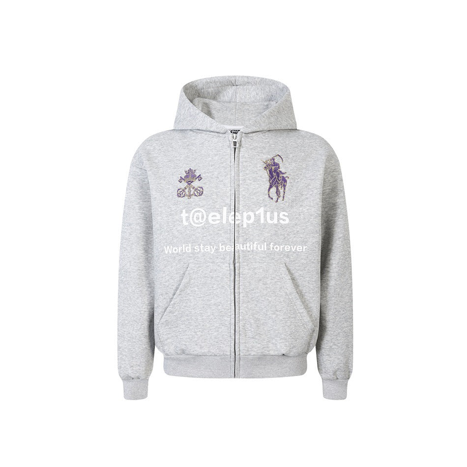 Unisex Kapuzen‑Zipjacke mit gestickten Wappen und Frontprint Drune