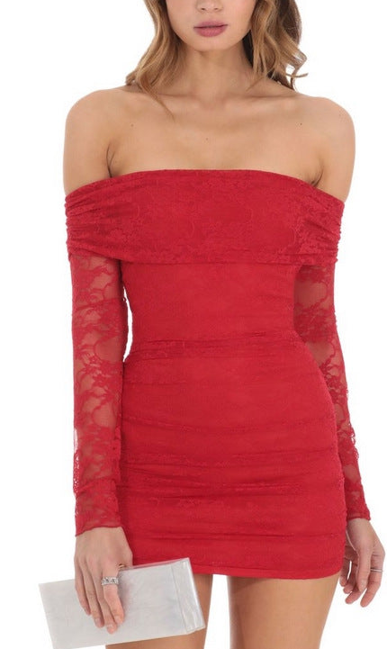 Damen Off-Shoulder Spitzenkleid im figurbetonten Schnitt Drune