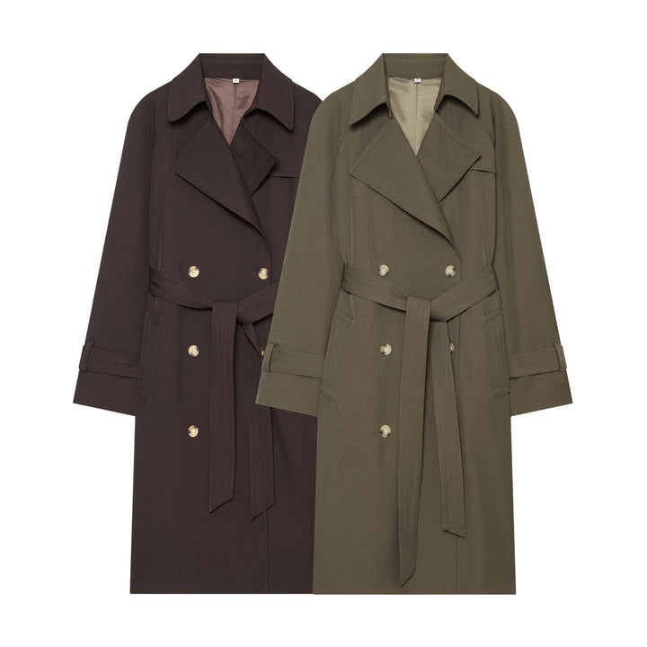 Damen nan eleganter Utility-Trench mit breitem Revers, Bindegürtel und aufgesetzten Pattentaschen Drune