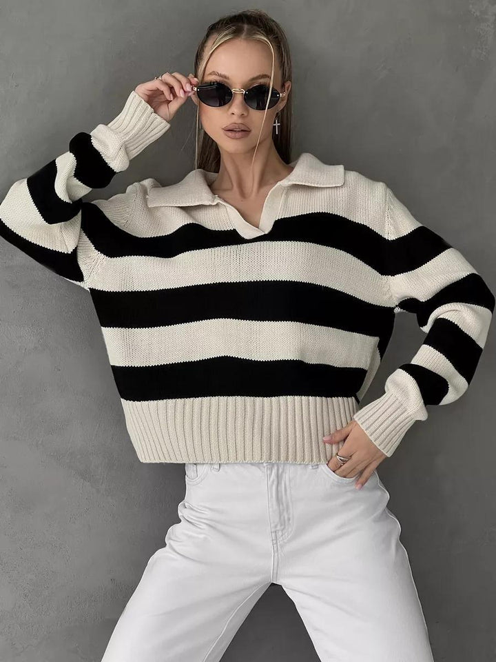 Damen sportlicher Pullover mit Streifenmuster und Kragen Drune