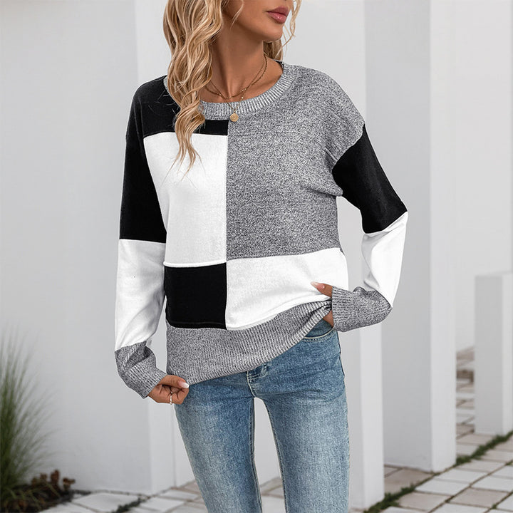 Damen Blockmuster-Strickpullover mit Rundhalsausschnitt und legerer Passform Drune