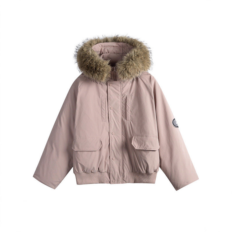 Damen Kurz-Bomberjacke mit Thermowattierung, Kapuze mit abnehmbarem Kunstfell und Utility-Taschen Drune