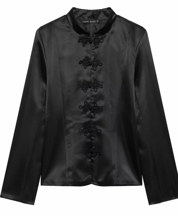 Damen Satinbluse mit Mandarinkragen und dekorativen Knotenverschlüssen Drune