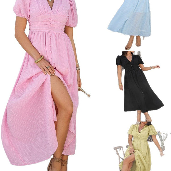 Damen Maxikleid mit voluminösen Puffärmeln und Knopfdetails Drune