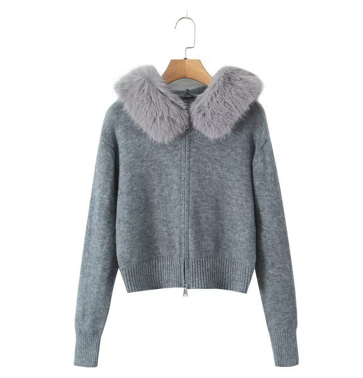 Damen Strickjacke mit luxuriösem Kunstfellkragen und Reißverschluss Drune