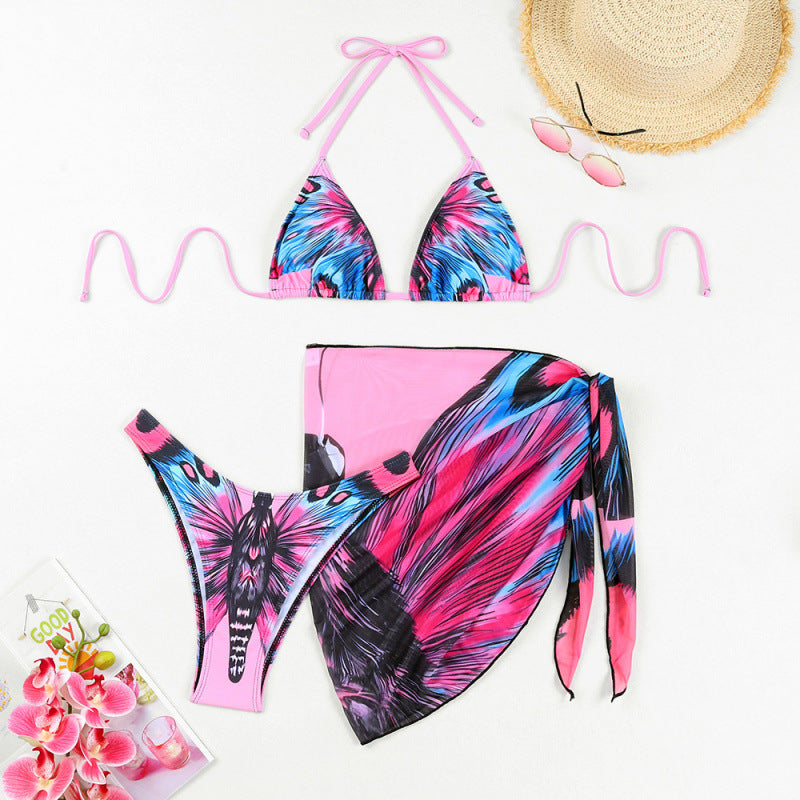 Damen Triangel-Bikini mit verspieltem Wickeldetail und buntem Tropenmotiv Drune
