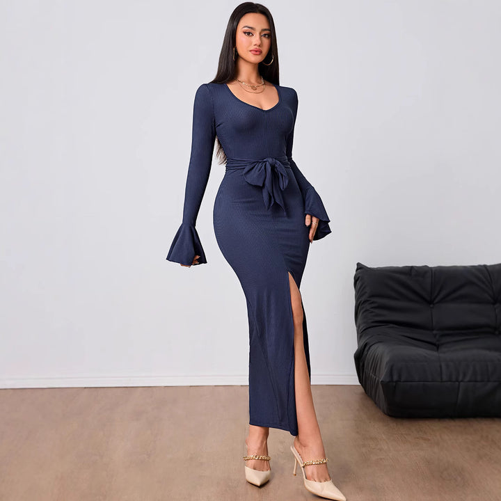 Damen figurbetontes Maxikleid mit V-Ausschnitt Trompetenärmeln Taillenband und hohem Seitenschlitz Drune