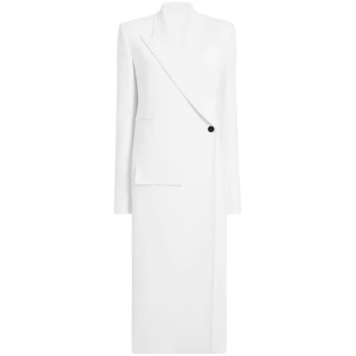 Damen Langes einreihiges Blazerkleid mit schlanker Silhouette und Pattentaschen Drune