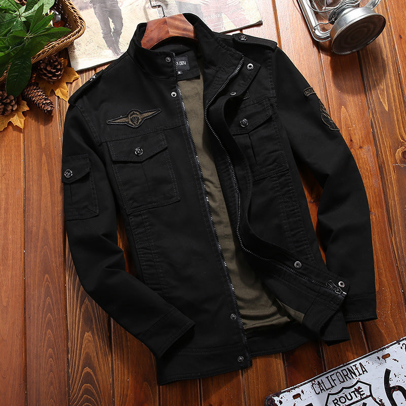Herren leichter Canvas-Militärblouson mit Stehkragen, Schulterklappen und Mehrfach‑Pattentaschen Drune