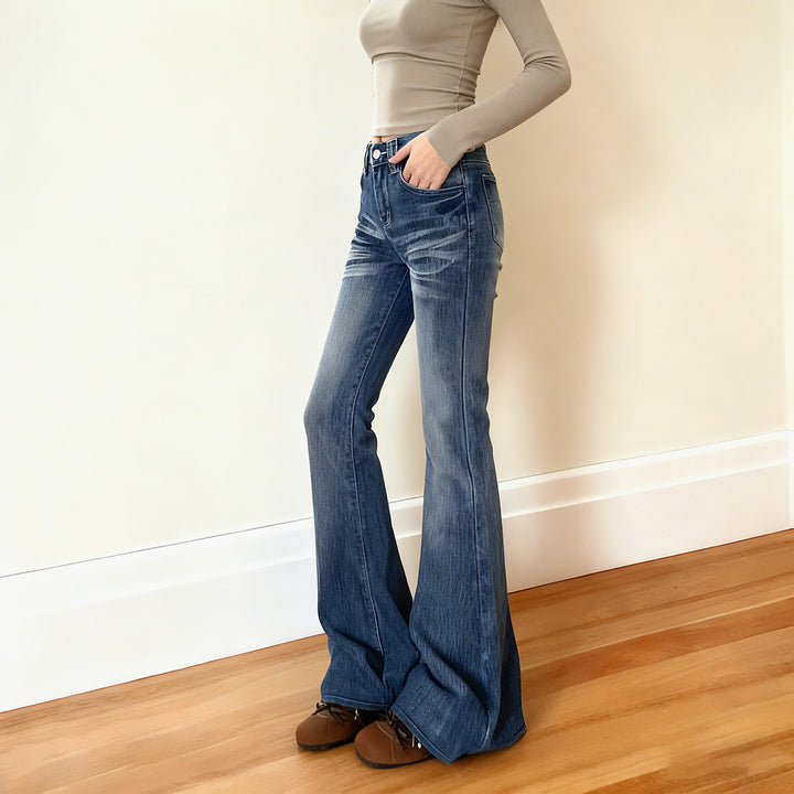 Damen Hochtaillierte Flared-Jeans mit Used-Waschung und Five-Pocket Drune