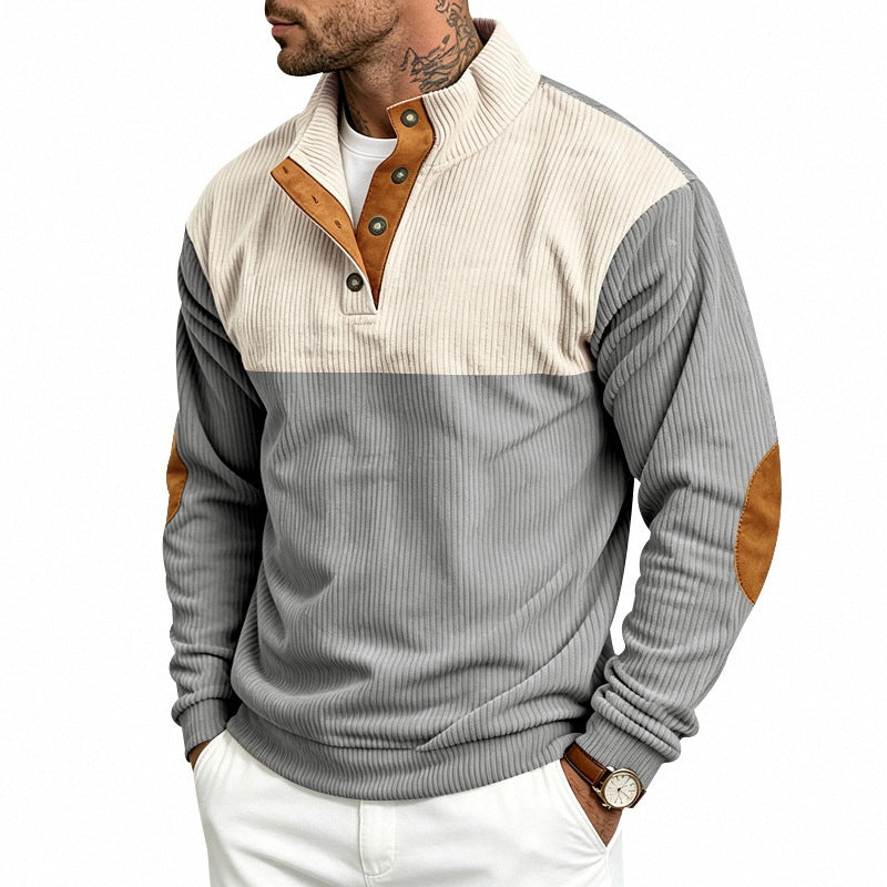 Herren Gerippter Stehkragen-Pullover mit Knopfleiste, Kontrastblende und Ellbogen-Patches Drune