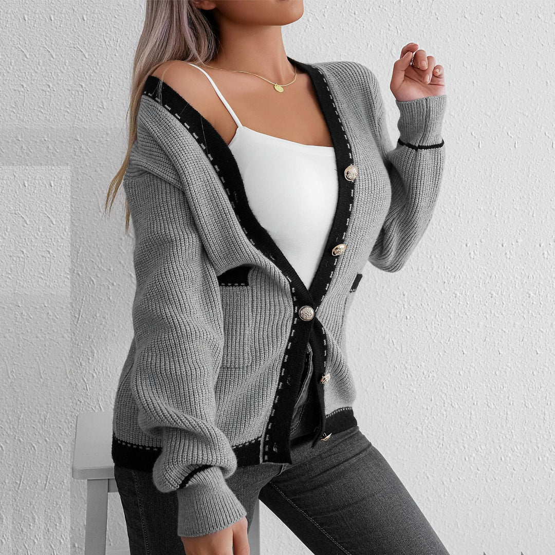 Damen Strickcardigan mit tropfenförmigen Knopfdetails und modischer Kontrastpaspel Drune