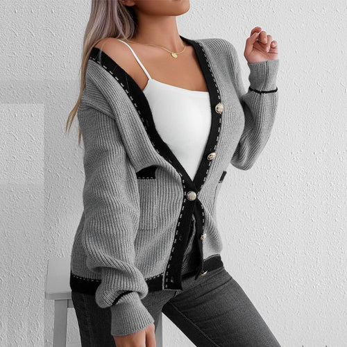 Damen Strickcardigan mit tropfenförmigen Knopfdetails und modischer Kontrastpaspel Drune