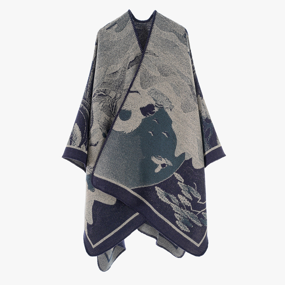 Damen Jacquard‑Strickcape mit floraler Grafik und asymmetrischem Saum Drune