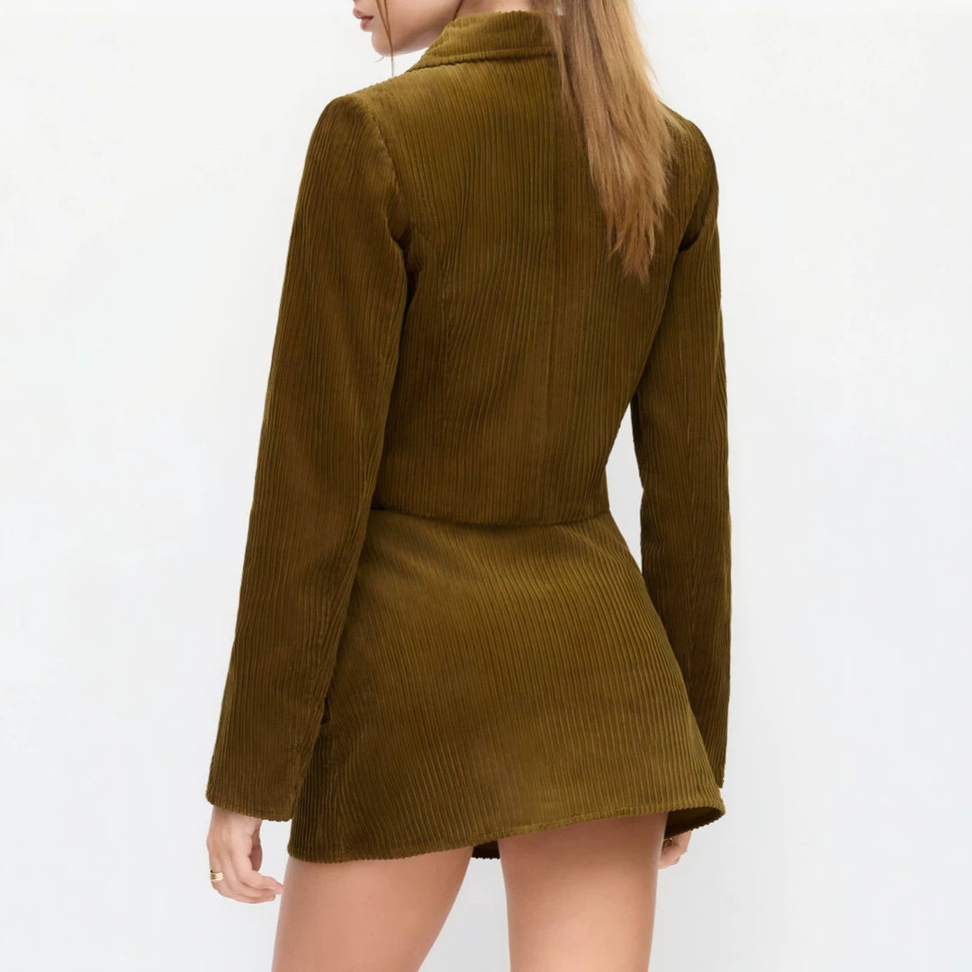 Damen Plissierte Kurzjacke mit Hemdkragen und umgeschlagenen Manschetten Drune