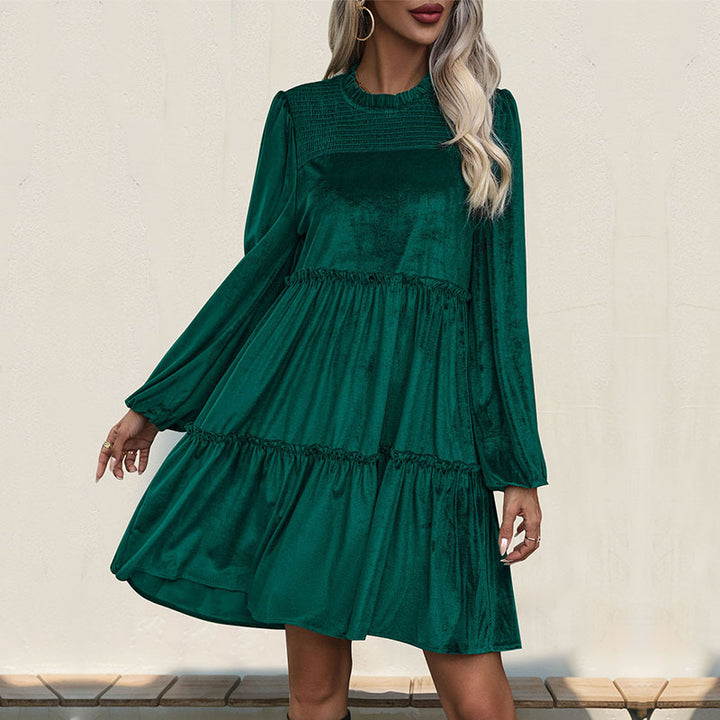 Damen Samtkleid mit Stufenrock, Raffung und Stehkragen Drune