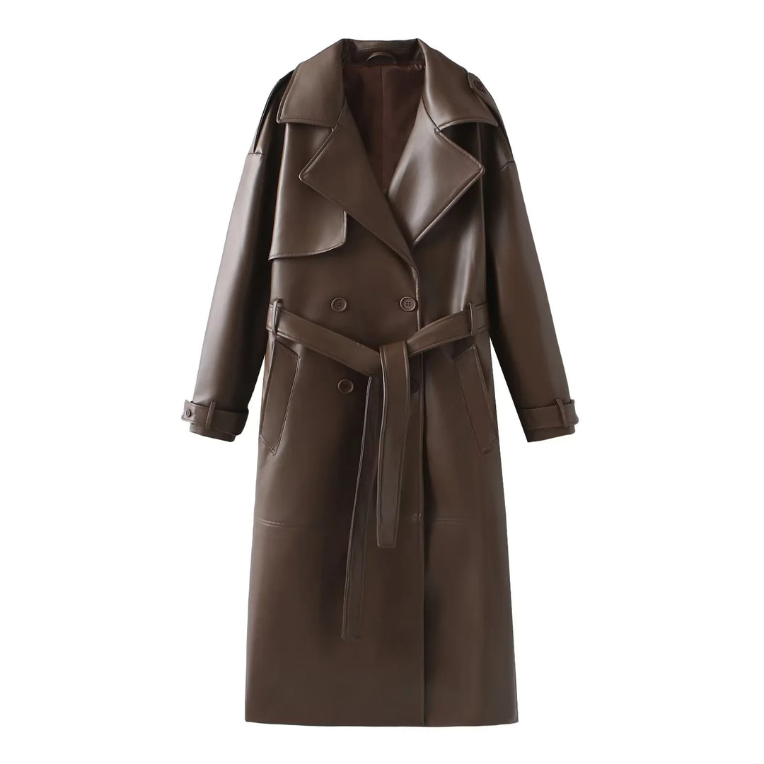 Damen nan taillierter veganer Trenchcoat aus Lederimitat mit Schalkragen und Bindegürtel Drune