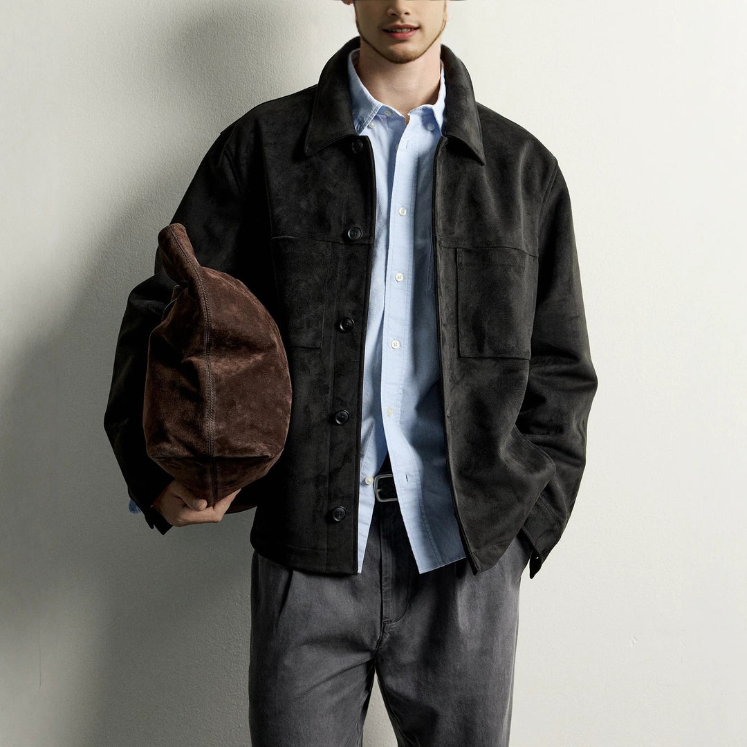 Herren Boxy-Overshirt aus Velourslederimitat mit aufgesetzten Pattentaschen Drune