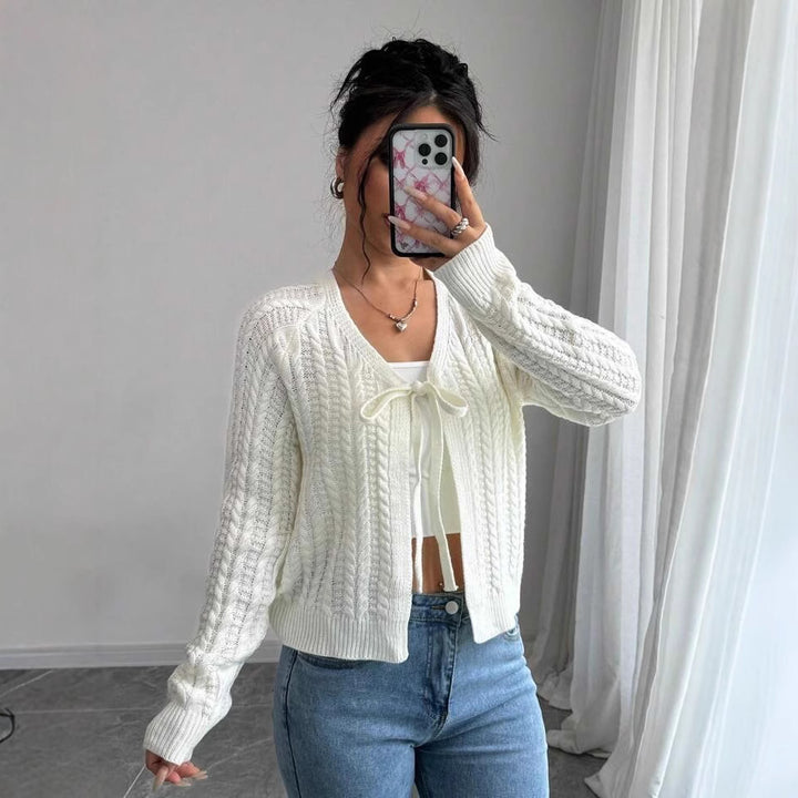 Damen Strickjacke mit modischem Kordelzug und feiner Netzstruktur Drune