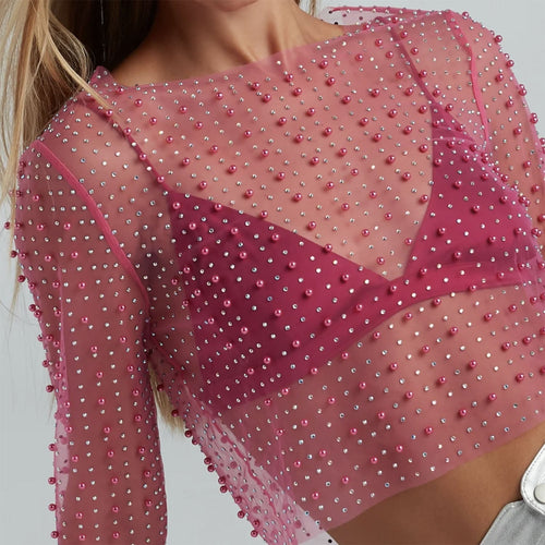 Damen Transparentes Oberteil mit kunstvollen Perlenakzenten Drune