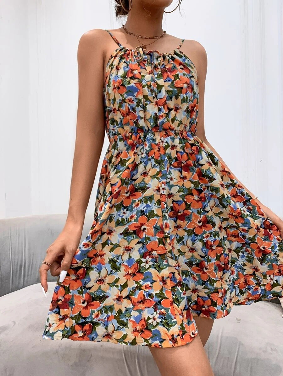 Damen Florales Sommerkleid mit Spaghettiträgern und tailliertem A-Linien-Schnitt Drune