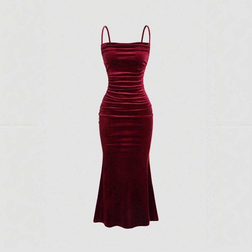 Damen Elegantes Samt-Maxi-Kleid mit figurbetontem Schnitt und raffinierten Raffungseffekten Drune