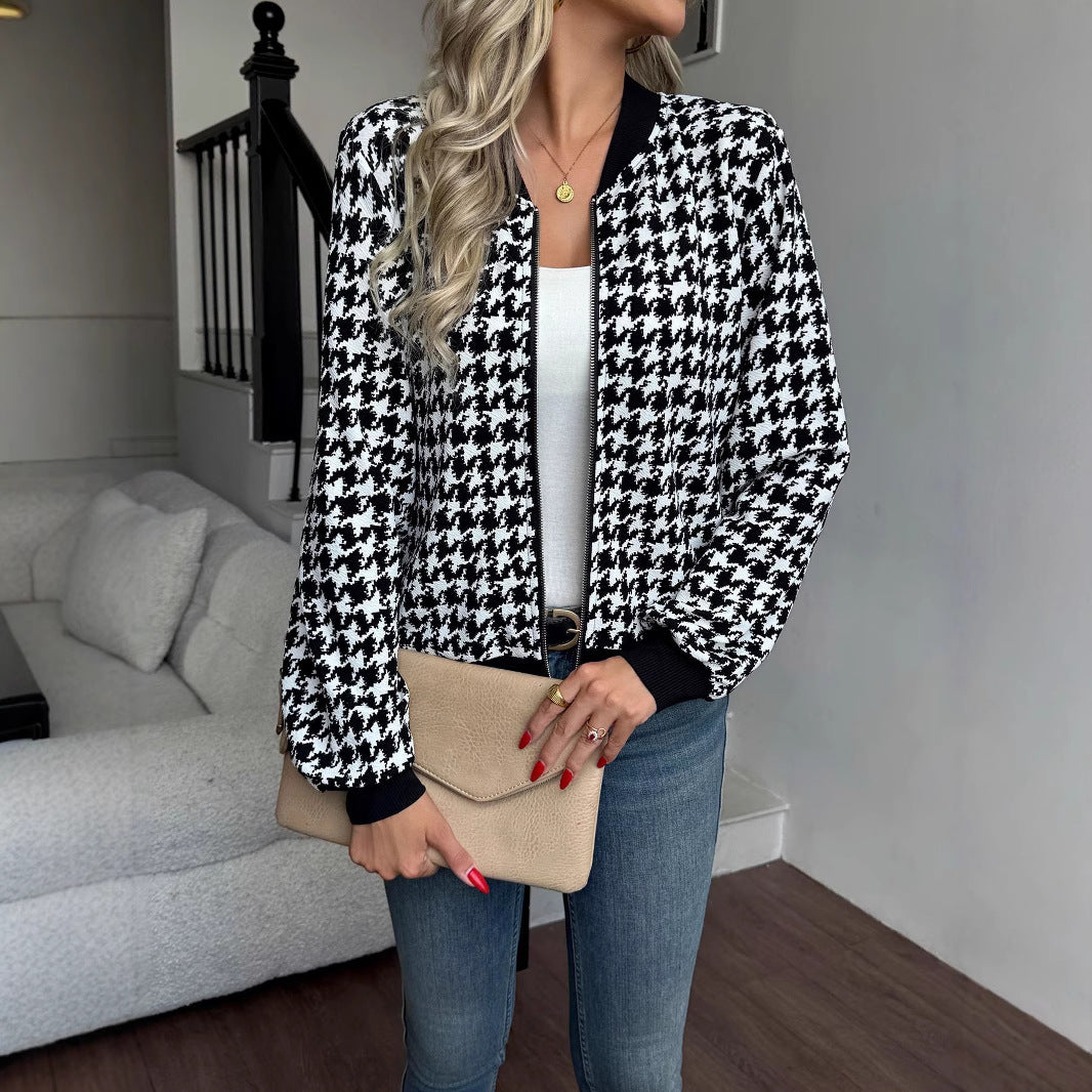 Damen Modischer Bomberjacke mit klassischem Hahnentrittmuster Drune