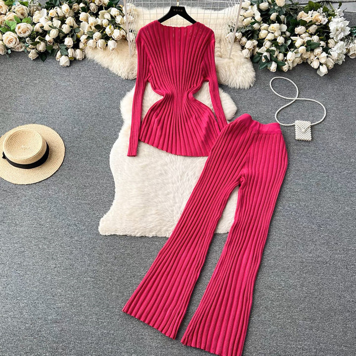 Damen modisches Strick-Loungewear-Set mit schmeichelnden Rippdetails Drune
