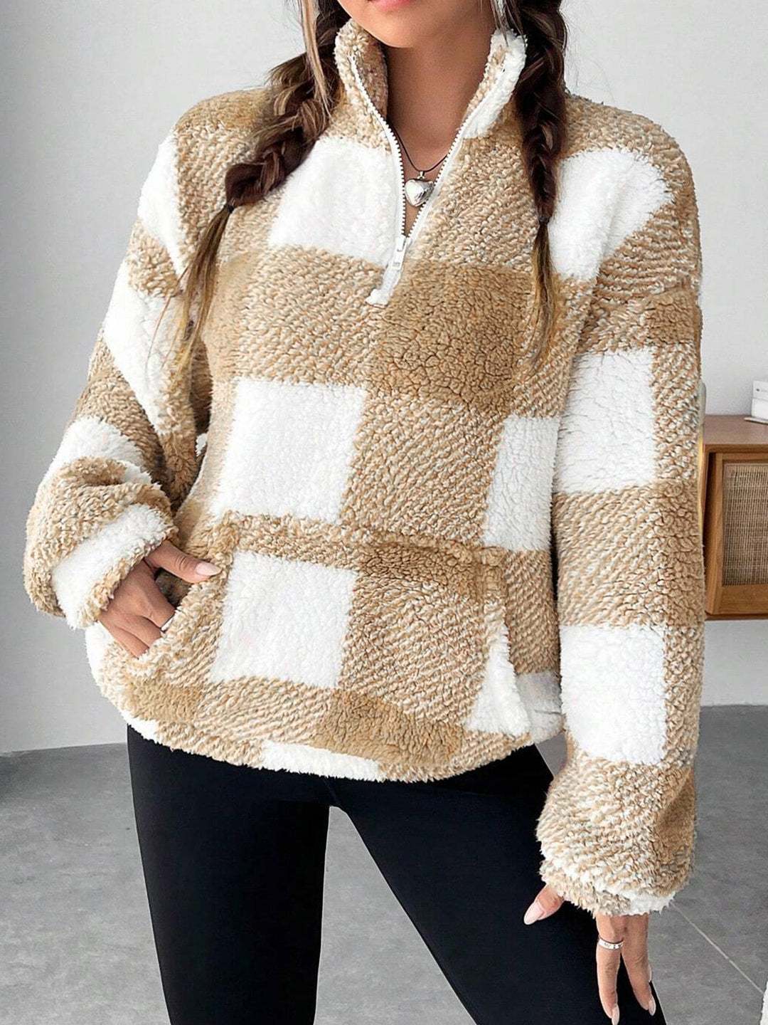 Damen nan kuscheliger Sherpa-Pullover mit Stehkragen, Half-Zip und Kängurutasche Drune