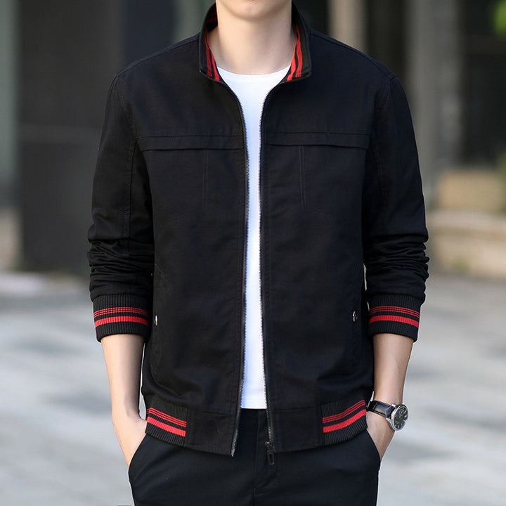 Herren moderner Canvas-Bomberjacke im Worker‑Stil mit gestreiften Rippbündchen und Reißverschluss Drune