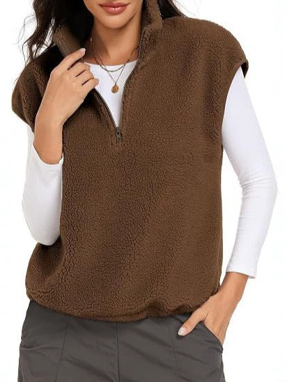 Damen Ärmellose Teddy-Fleece-Weste mit halbem Reißverschluss und Stehkragen Drune