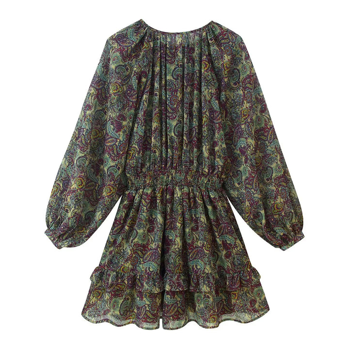 Damen nan gerafftes Paisley-Minikleid mit Smok-Taille, Volantstufen und Ballonärmeln Drune