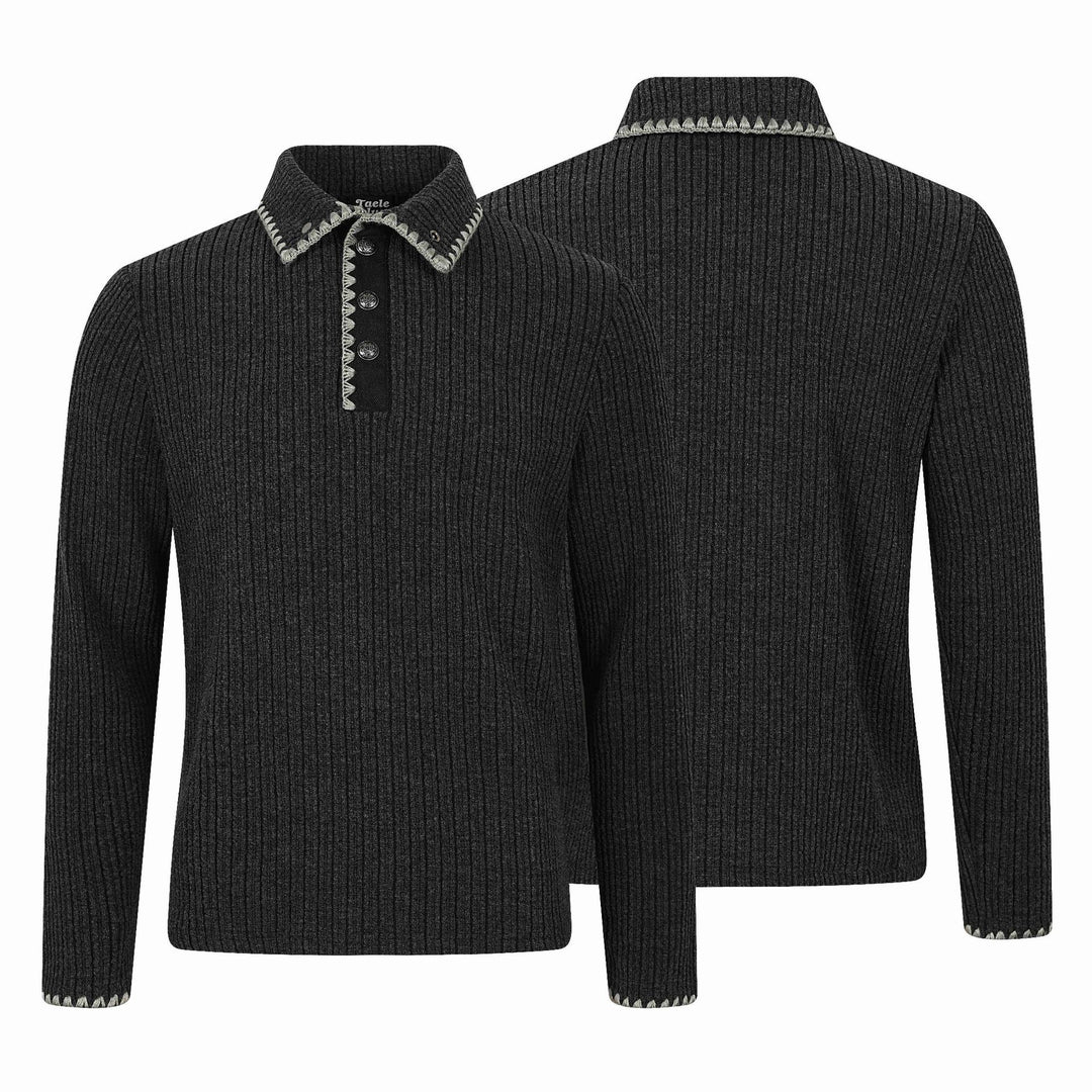 Herren Gerippter Polokragen-Pullover mit Ziernaht und Knopfleiste Drune
