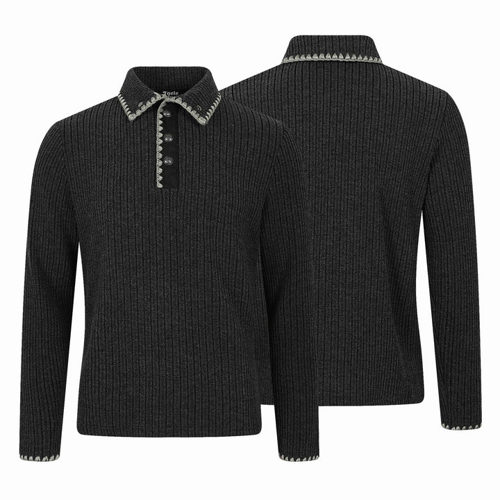 Herren Gerippter Polokragen-Pullover mit Ziernaht und Knopfleiste Drune