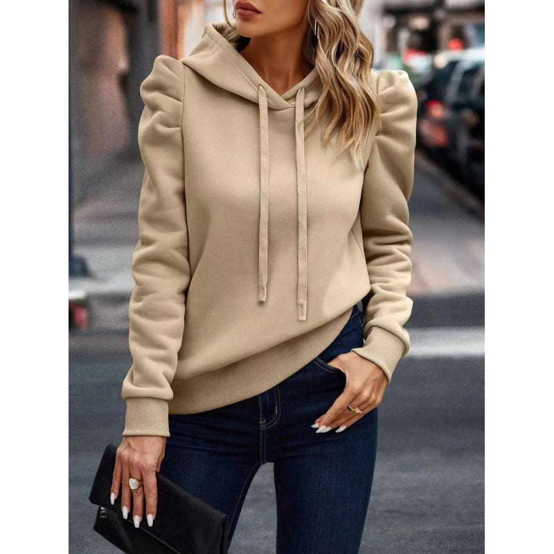 Damen modischer Kapuzenpullover mit Puffärmeln und praktischen Taschen Drune