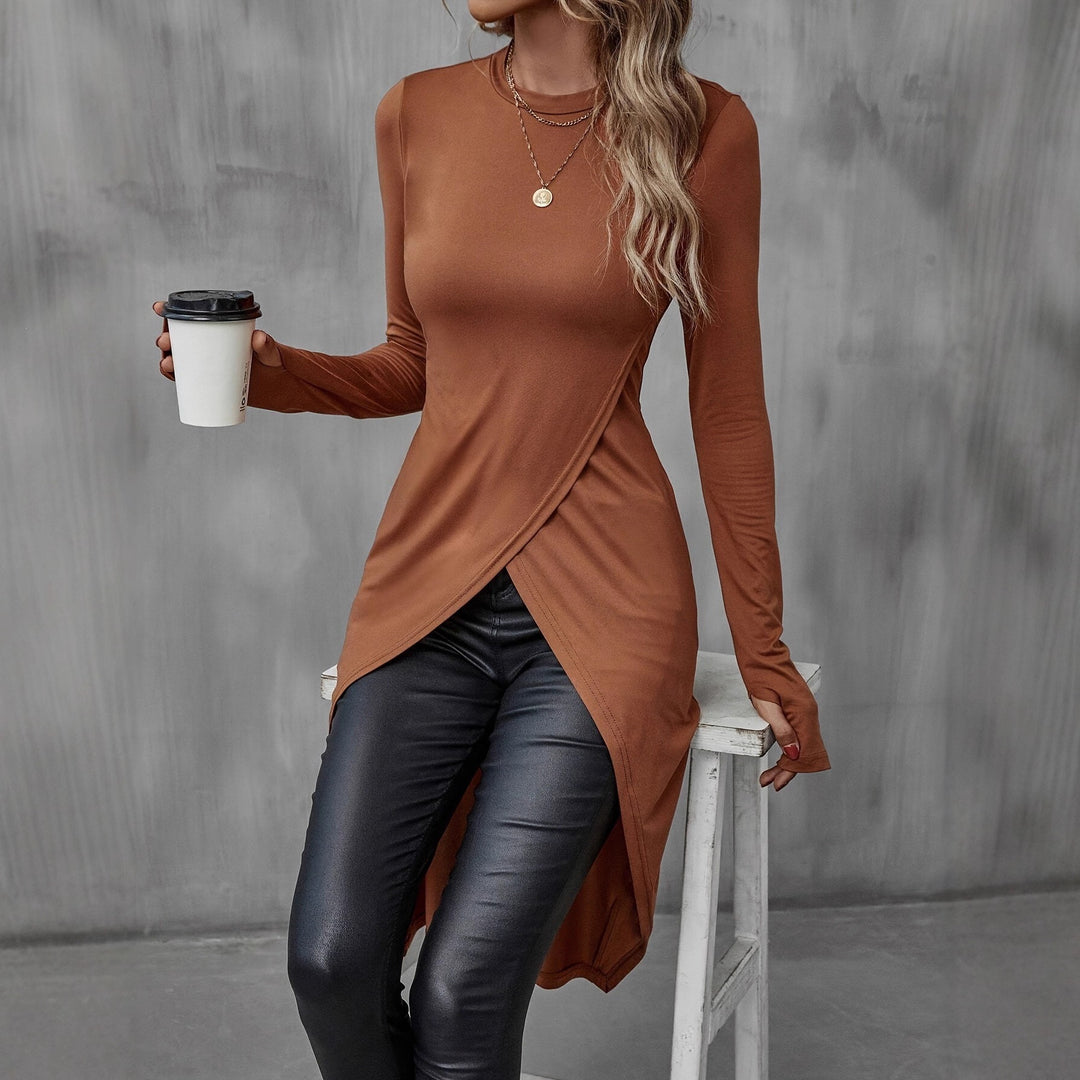 Damen Asymmetrische Langarm-Tunika mit Wickel-Saum Drune