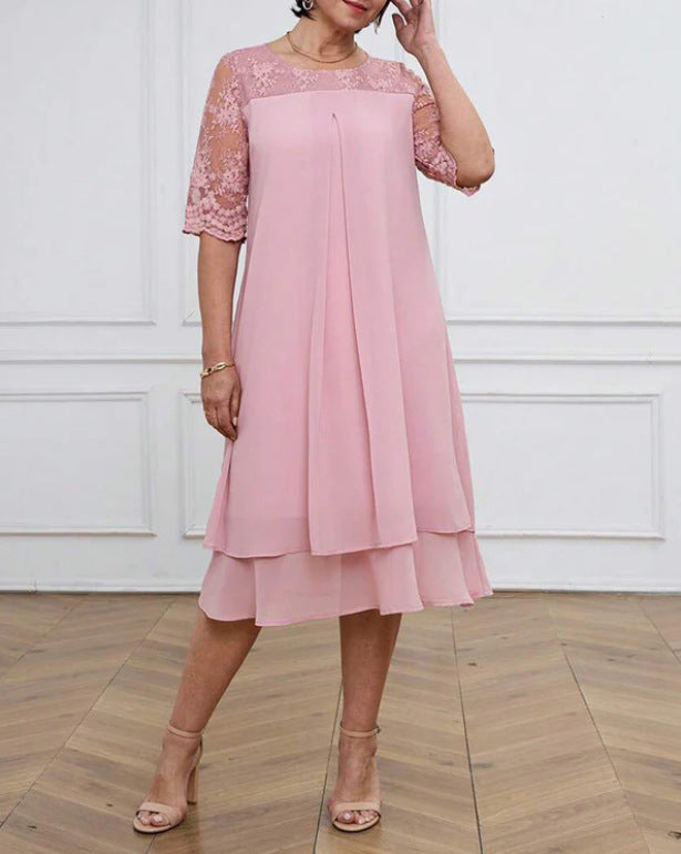 Damen nan A-Linien-Chiffonkleid mit floral bestickter Spitzenpasse, verdeckter Mittelnahtfalte und mehrlagigem Volant Drune