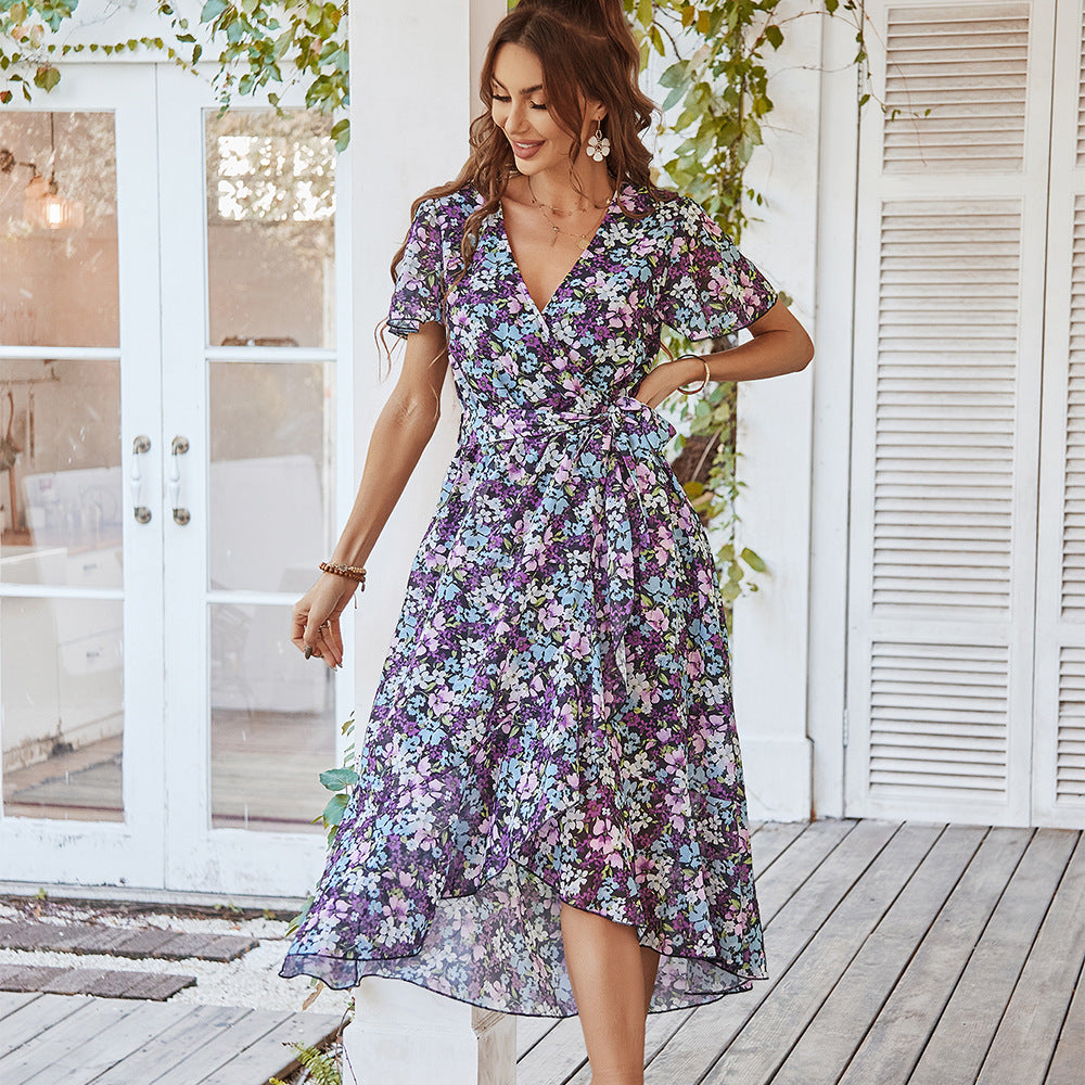 Damen Midikleid mit raffiniertem Wickeldesign und floralem Muster Drune