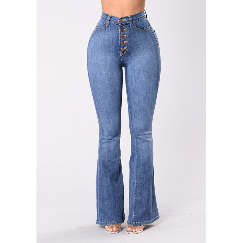 Damen High-Waist Flared Jeans mit dekorativen Knopfdetails und elastischem Bund Drune