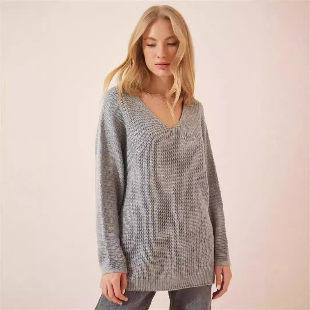 Damen lässiger V-Ausschnitt Pullover mit strukturiertem Strickmuster Drune
