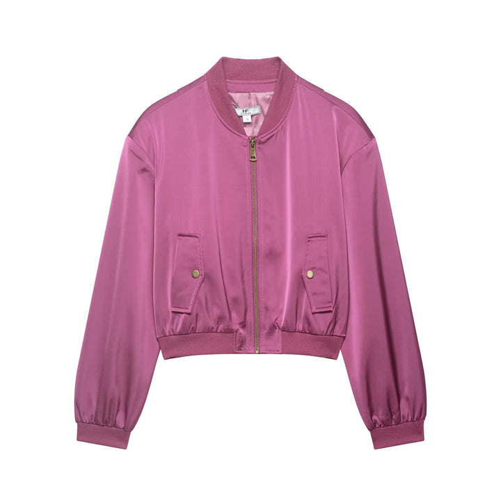 Damen Kurz geschnittene Satin-Bomberjacke mit Rippbündchen und Druckknopf-Taschen Drune