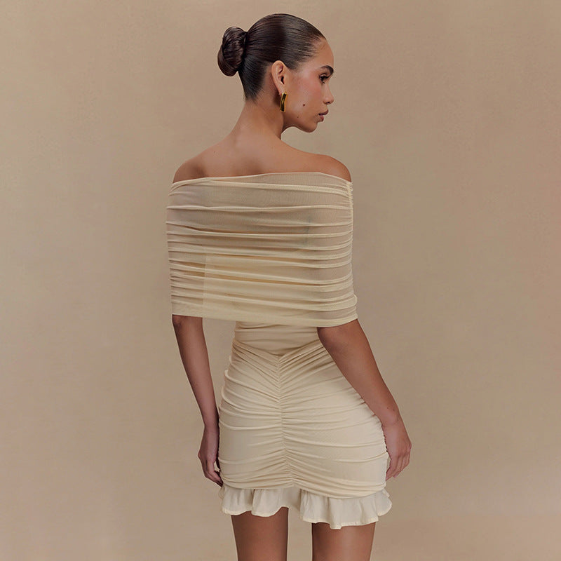 Damen verführerisches Bodycon-Kleid mit schulterfreiem Design und Raffungen Drune