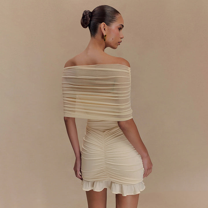 Damen figurbetontes Minikleid mit voluminösen Puffärmeln und Rüschensaum Drune