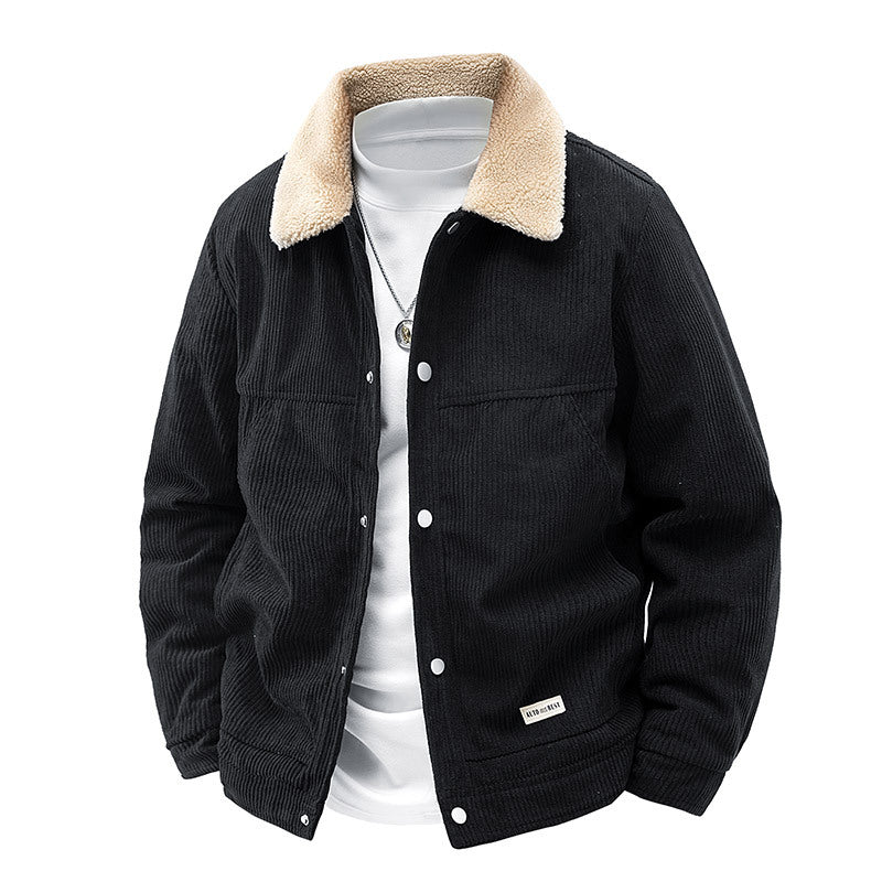 Men's  ribbed corduroy snap-front workwear jacket with sherpa-lined collar and angled hand pockets Drune