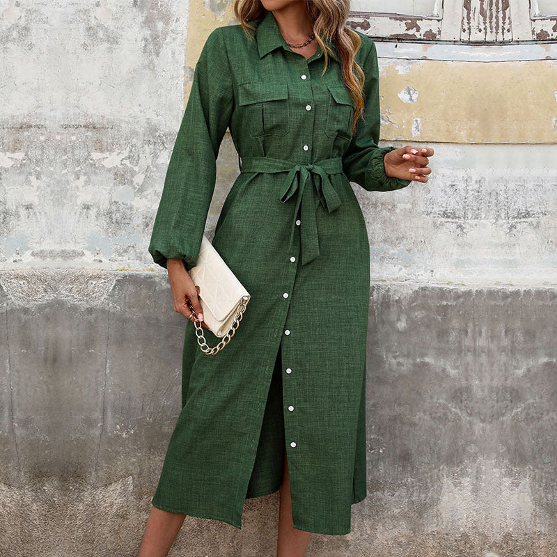 Damen Elegantes Hemdkleid mit Taillengürtel und Knopfdetails Drune