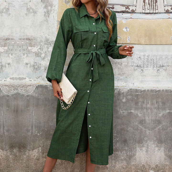 Damen Elegantes Hemdkleid mit Taillengürtel und Knopfdetails Drune