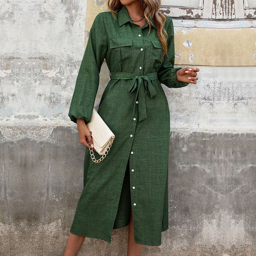 Damen Elegantes Hemdkleid mit Taillengürtel und Knopfdetails Drune
